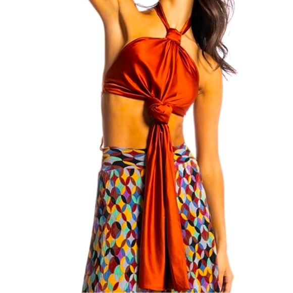 Upscale Shiny Satin Copper Tie Front Apron Halter Top - Picture 2 of 14